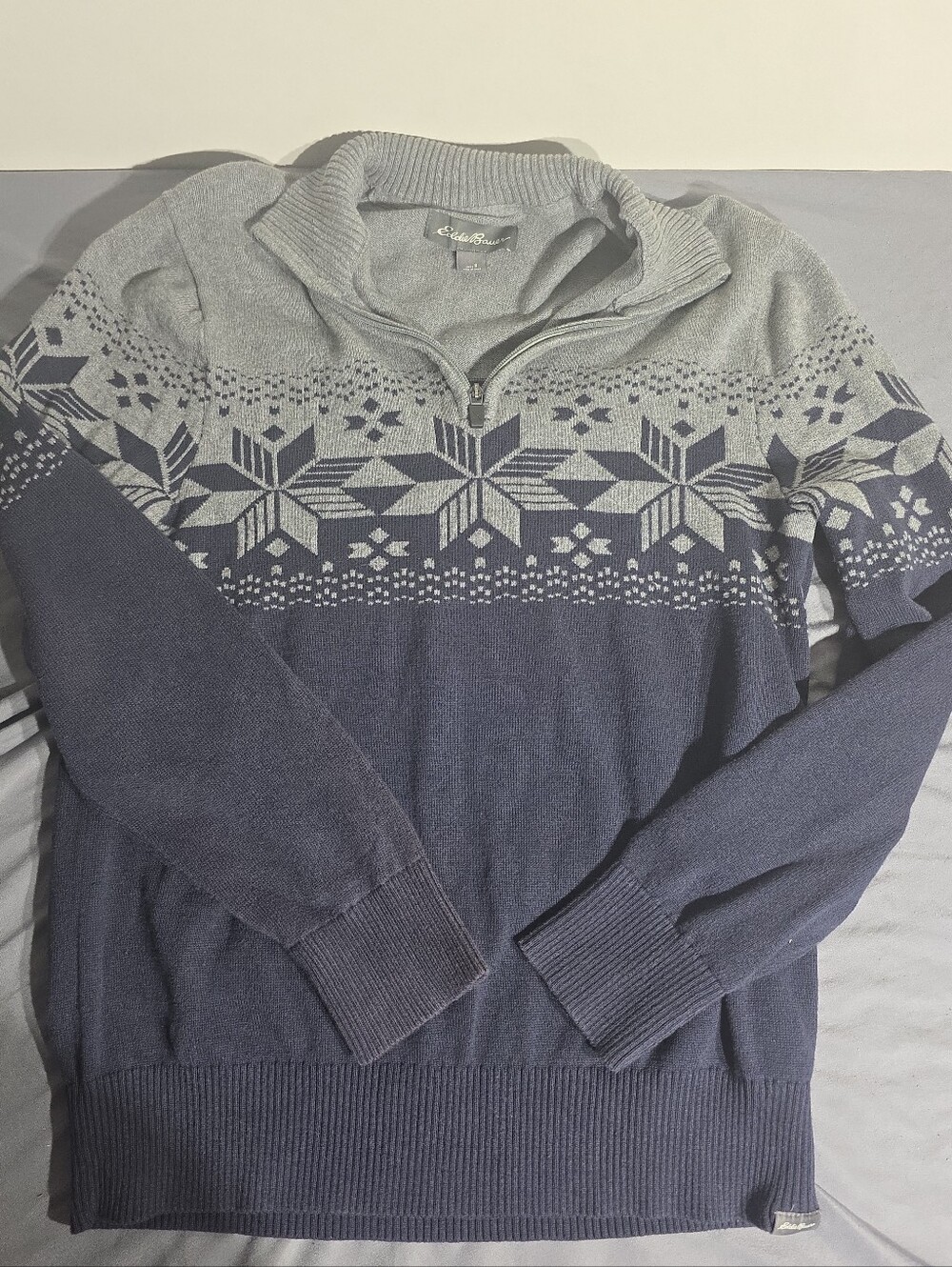 Eddie Bauer Navy and Light Gray Knit Zip-Up Sweater with Snowflake Pattern